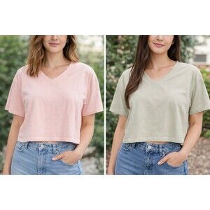 2 PacifiCotton San Francisco Pink Green V Neck Short Sl Tops Size L 100% Cotton